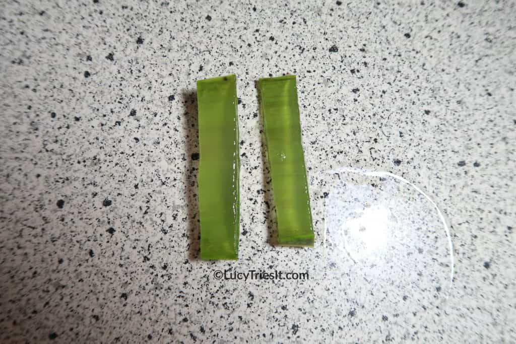 two pieces of aloe vera exposing the gel for and overnight acne mask