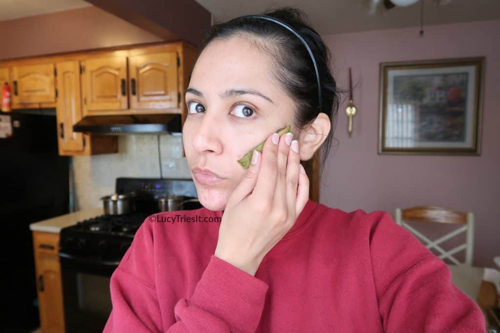 Young woman applying rubbing aloe vera leaf on face for an aloe vera face mask